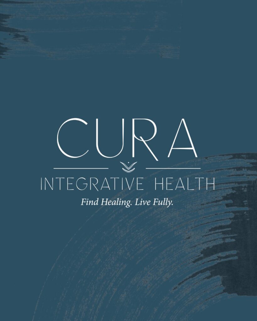 A blue background with paint strokes across the top and bottom. In the middle of the image is a logo that read "Cura Integrative Health. Find Healing. Live Fully."