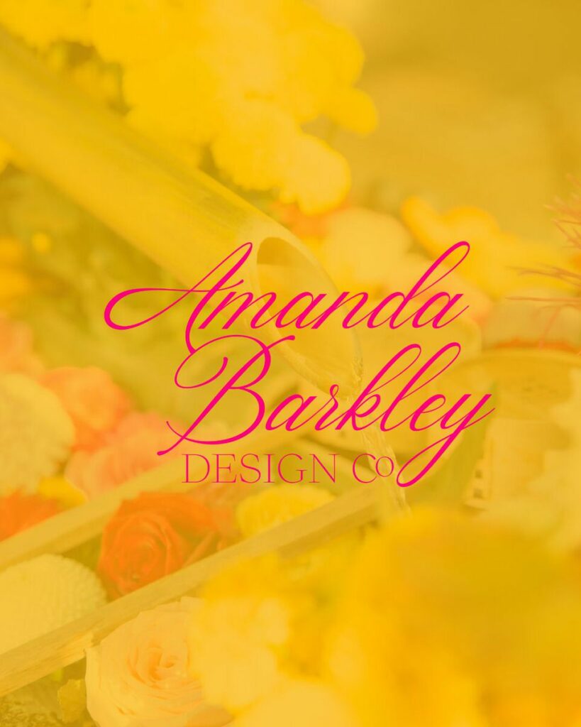 Image of a small flower bouquet being watered with a yellow overlay on the image. On top of the image is a logo that reads "Amanda Barkley Design Co".