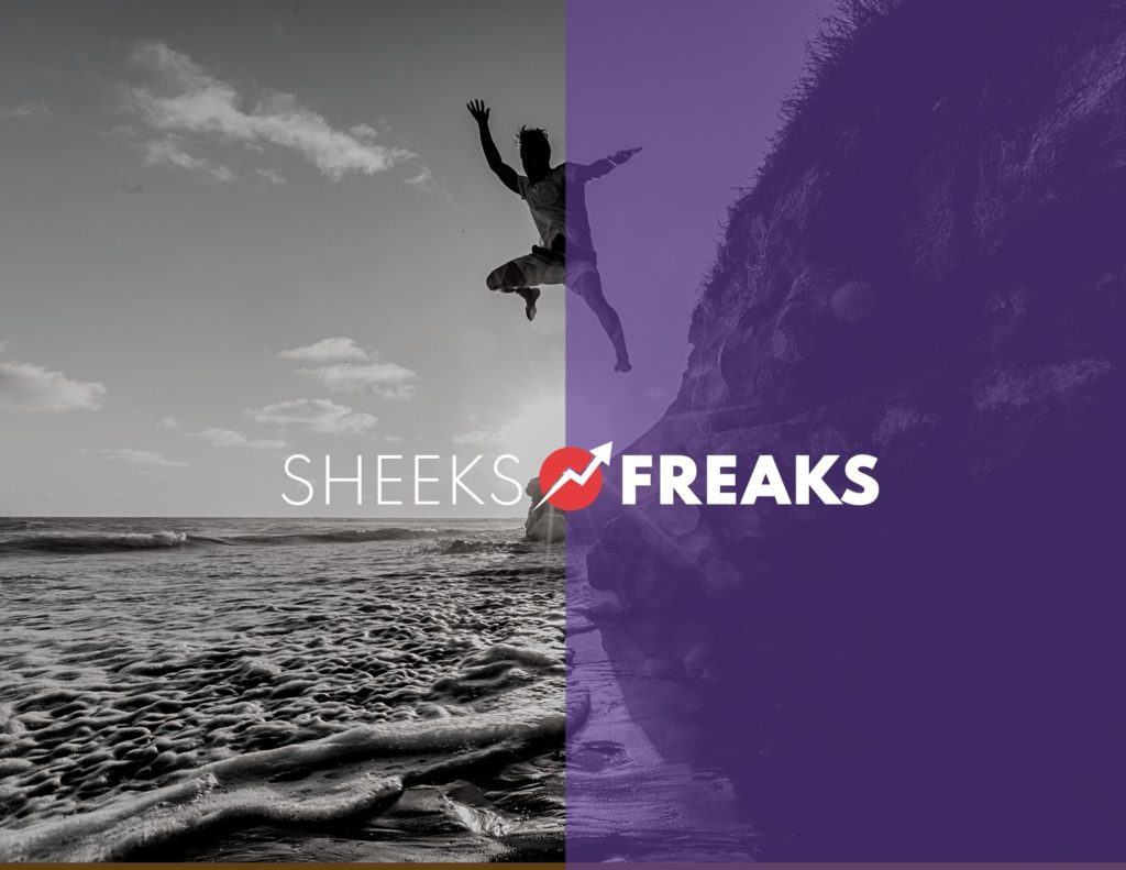 Black and white image of a person jumping off a cliff into water with a purple overlay over half of the image. On top of the image is a logo that says "Sheeks Freaks"