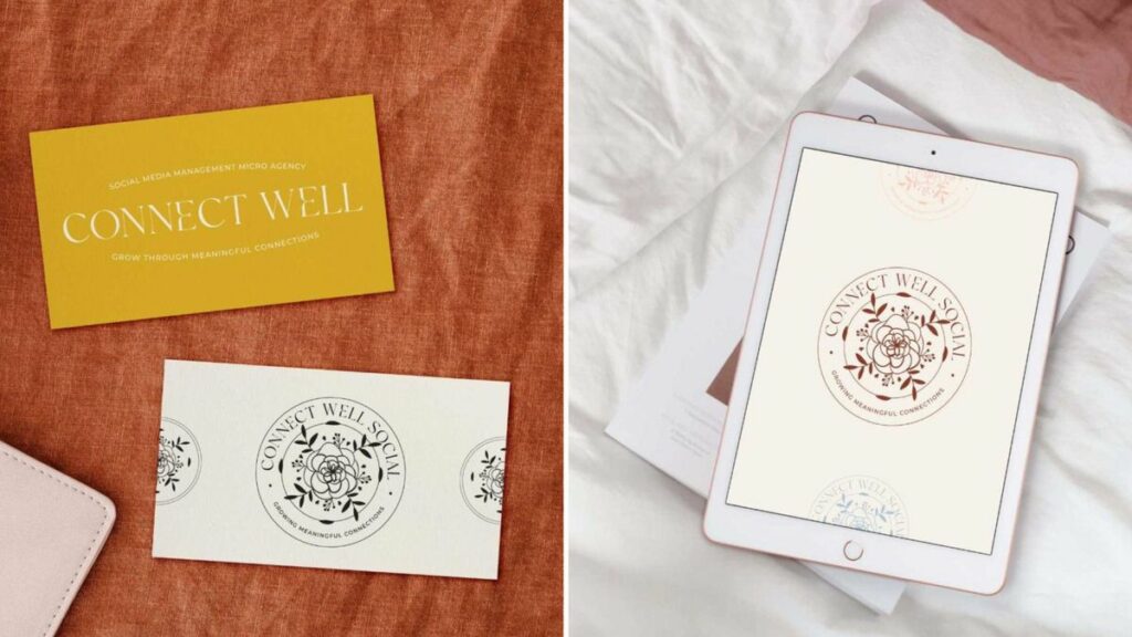 Collage with two images. On the left is a business card. The front and back have Connect Well Social branding. To the right is an ipad laid out on sheets, with the Connect Well Social branding pulled up on the screen.