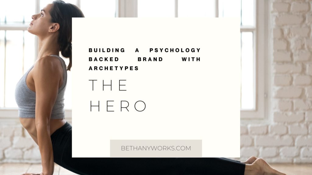 picture of a woman doing yoga with a cream box on top that says building a psychology based barnd with archetypes the hero