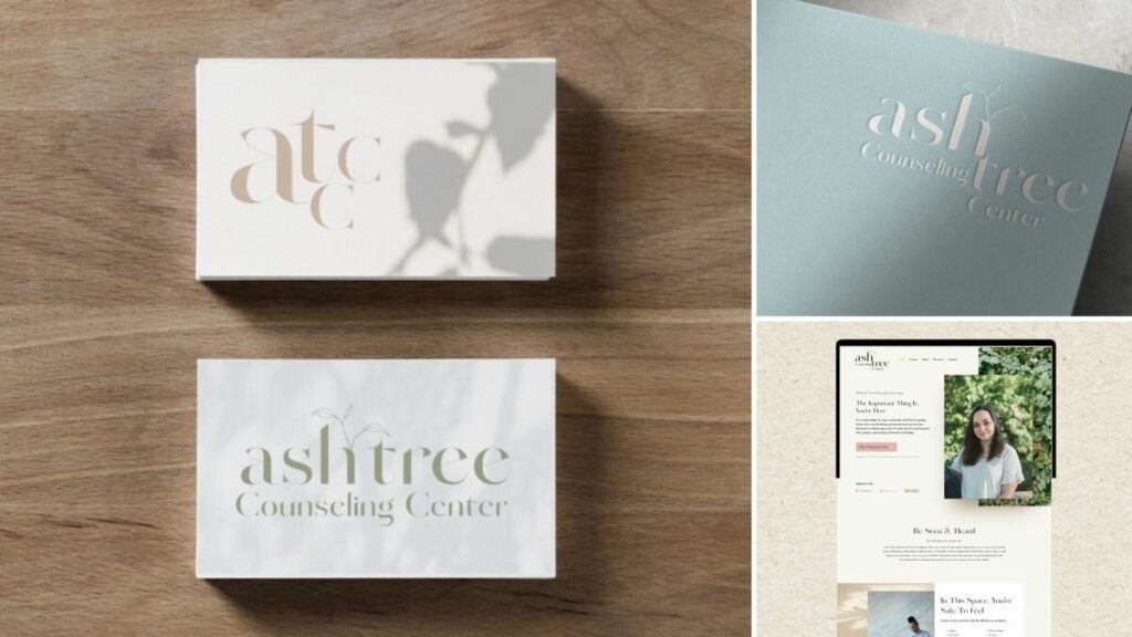 Collage with three images. On the left is a stack of cream business cards that say "Ashtree Counseling Center." The top right image is Ashtree's logo embossed on a light blue paper. On the bottom right is a website mockup showcasing the brand brought to life.