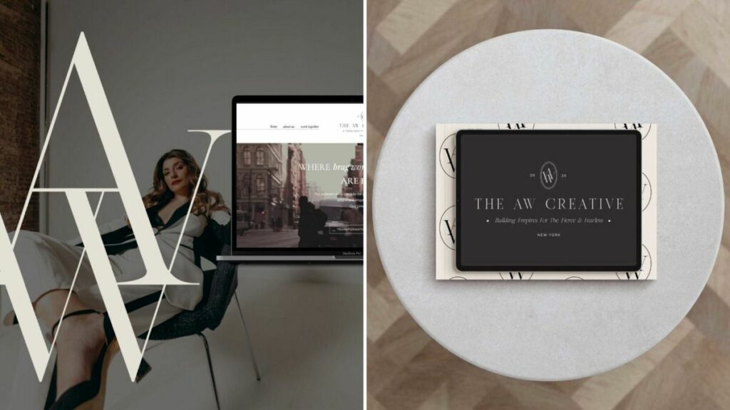 Collage with 2 images. The image on the left is of a woman sitting in a chair with The AW Creative logo on top of the image as well as a laptop open to the website. On the right is the brand logo on an ipad that is laid on a table.  