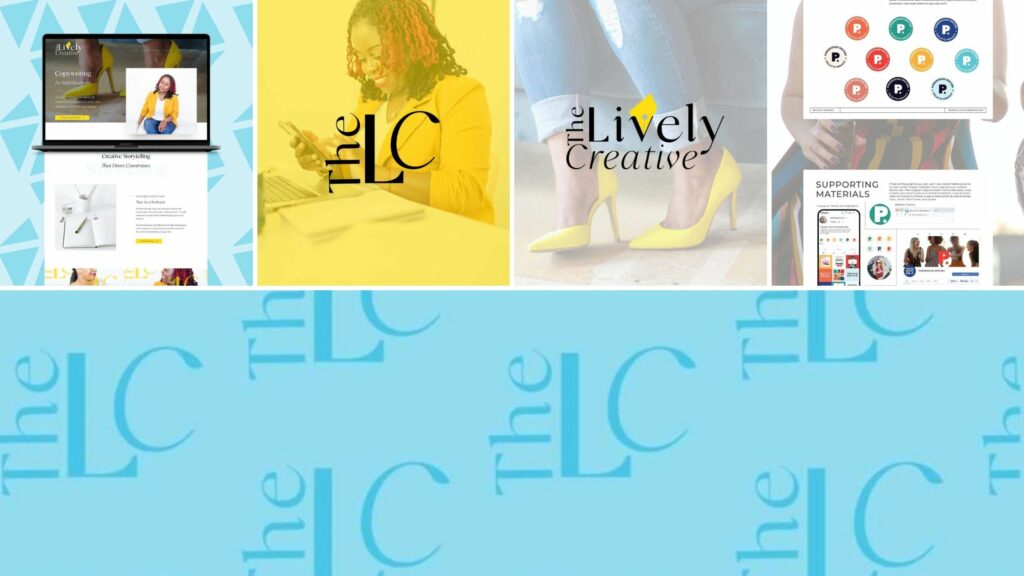 collage of five images. The top left shows the Lively Creative's home page pulled up on a laptop. The middle two images show the black brand mark and logo respectively for Lively Creative laid over pictures. The top right image shows marketing materials for the Lively Creative with their brand marks on it. The bottom images shows the brand pattern with the dark blue brand mark laid on a light blue background. 