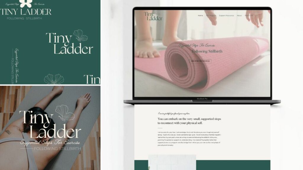 Collage featuring three image. On the top left, there is a set of cream logos on a dark green background for Tiny Ladder. Below, there is a woman doing yoga with a cream Tiny Ladder logo on top. To the right, there is a laptop mockup with a website bringing the branding to life.