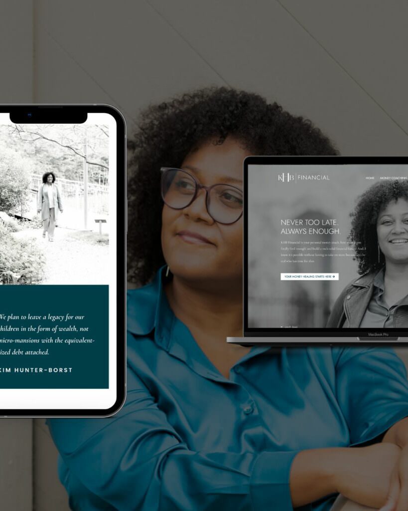 A phone mockup next to a laptop mockup with a website pulled up on each. The background of the image is a woman looking off to the side.