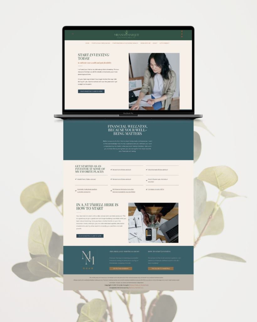 A mockup of a website page with a laptop outline around the top. In the background is an opaque image of a plant.