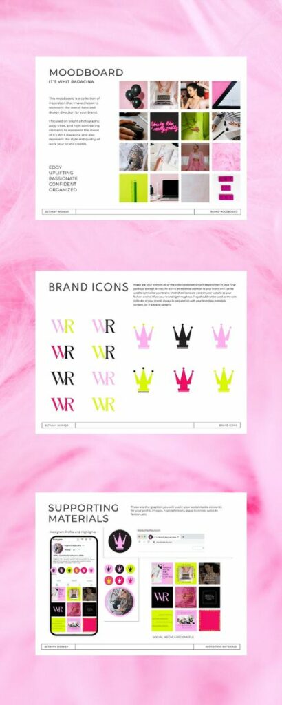 A pink textured background with 3 PDF pages on top showing the moodboard for a brand, the brand icons, and the supporting materials for the brand.