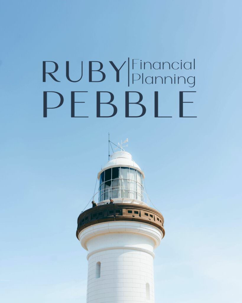 An image of the top of a white lighthouse with a logo on the top of the image that reads "Ruby Pebble Financial Planning"