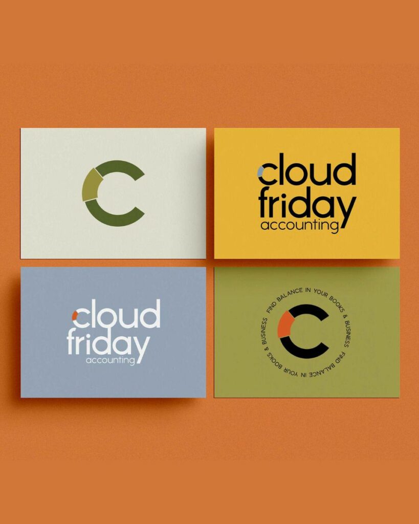Four different colored business cards with the logos and brand marks for Cloud Friday Accounting on them.