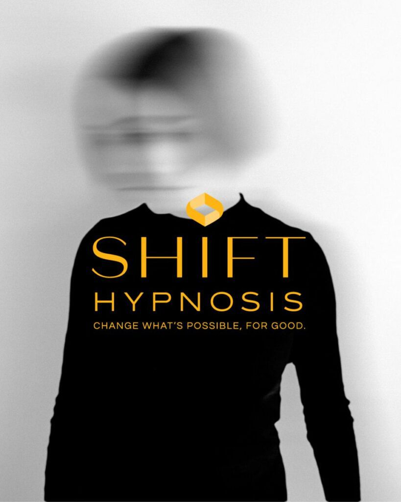 Image of a person with their head blurred as if they were moving. On top of the image is a logo for Shift Hypnosis. 