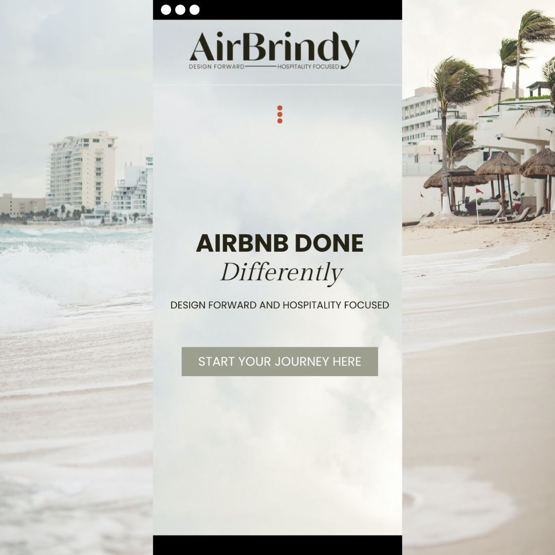 Image of a white sand beach with an image of a mobile webpage for AirBrindy.