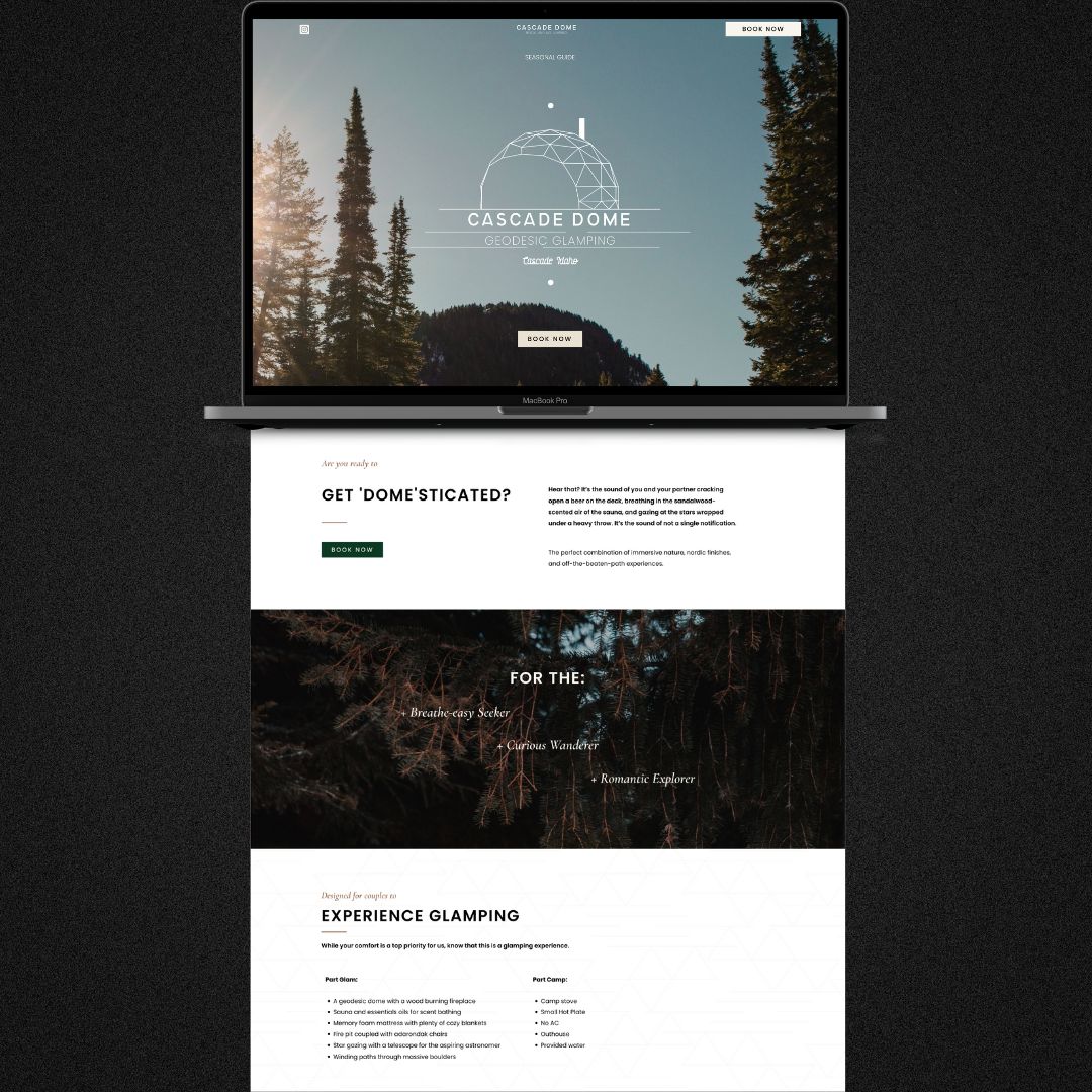 Laptop mockup with a full website page for Cascade Dome.