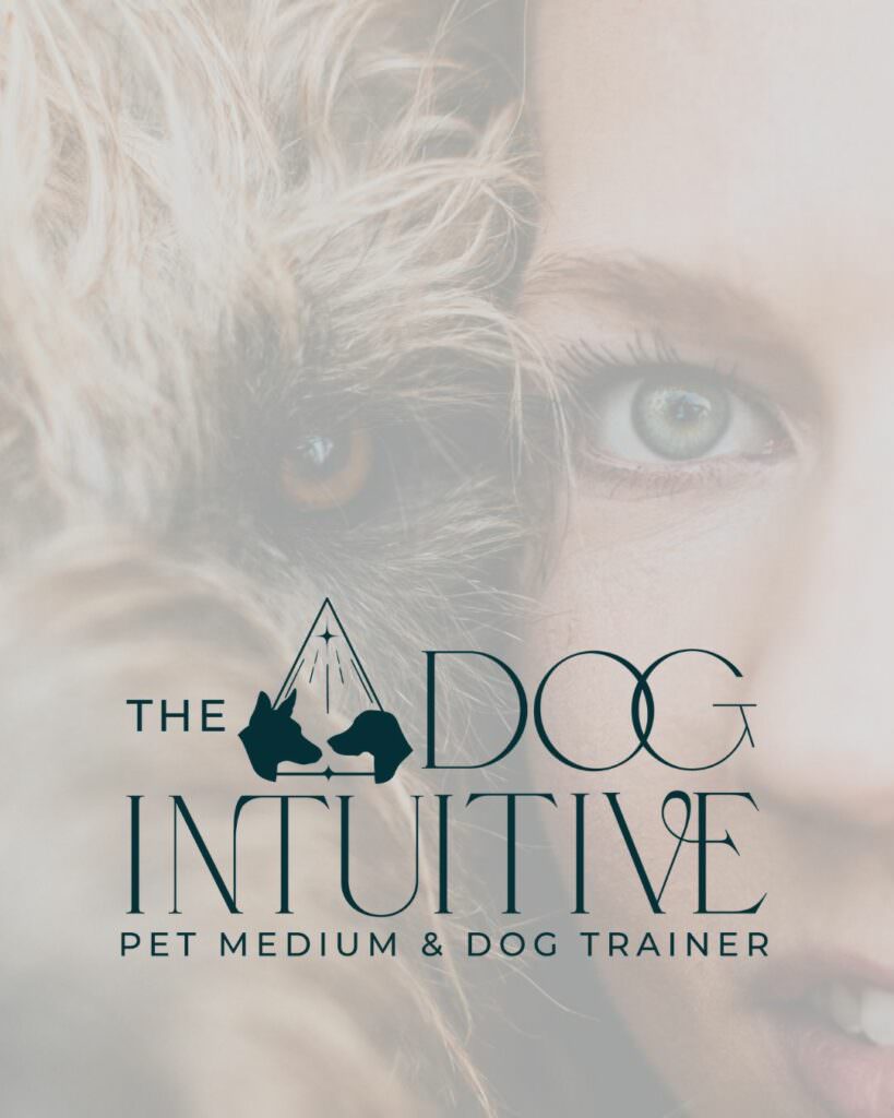 Image of a person standing side by side with their dogs so their eyes line up with a slight white overlay on the image. On top is a logo that says "The Dog Intuitive. Pet Medium & Dog Trainer"