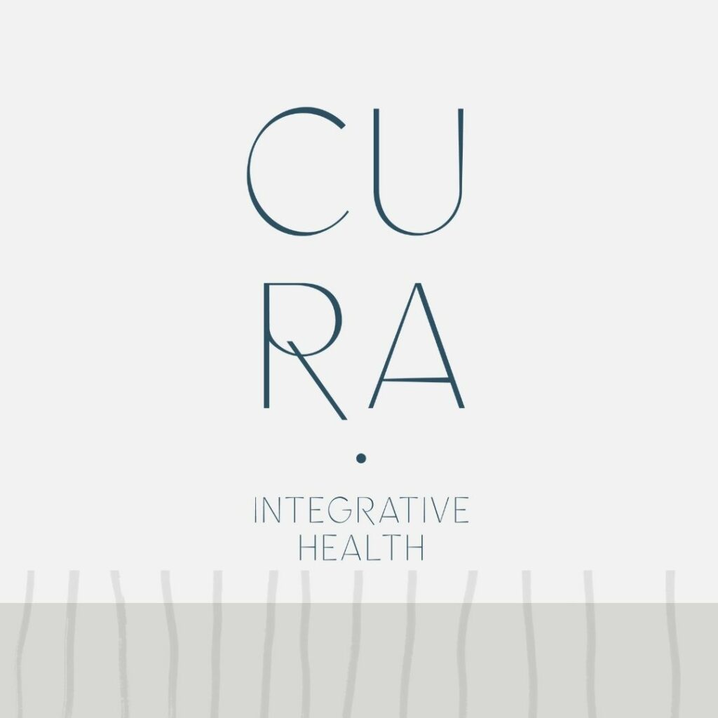 Image with small grey lines coming up from the bottom and a logo in the middle that reads "CURA integrative health"