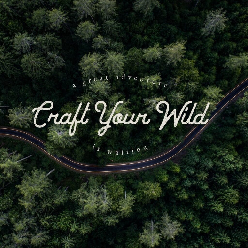 Aerial view of a road through a wooded area with a logo on top that says "Craft Your Wild".