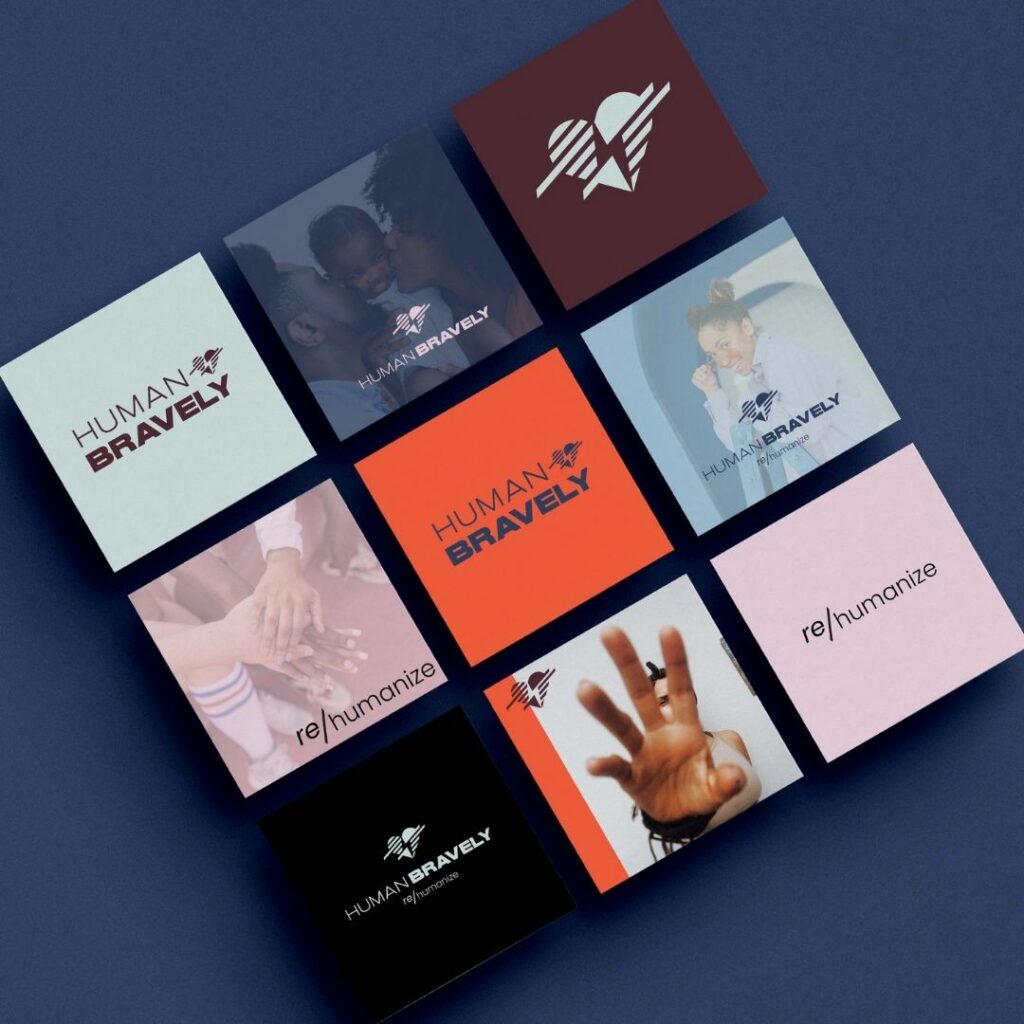A three by three grid of social media images and logos on different colored backgrounds for the brand "Human Bravely".