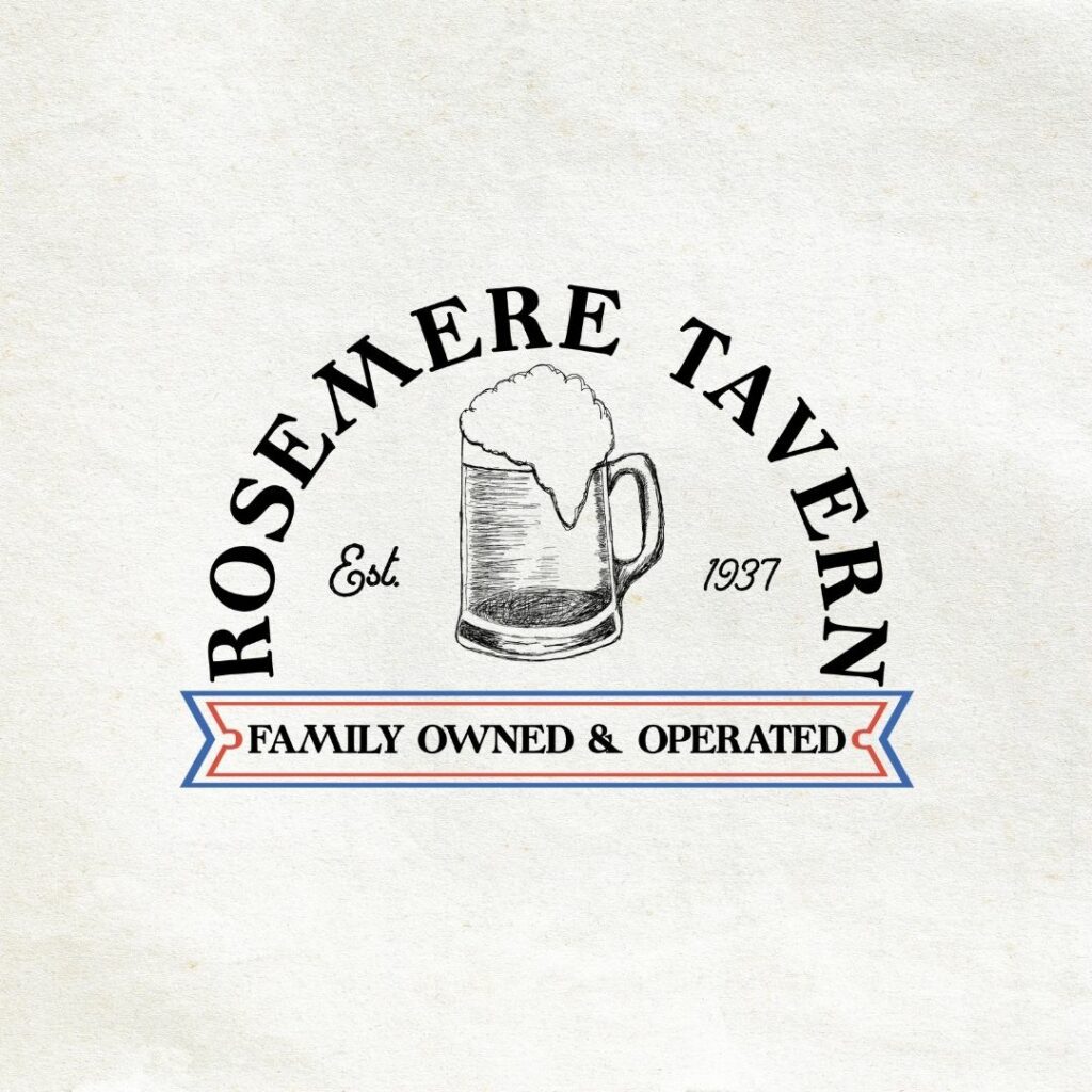 A tan paper-like background with a logo in the middle for "Rosemere Tavern. Family Owned & Operated".