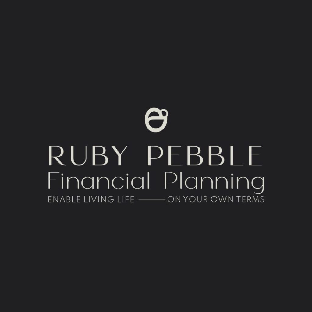 A black background with a white logo on top that says "Ruby Pebble Financial Planning. Enable living life - on your own terms".