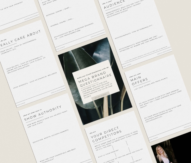 Image of various pages of a brand questionnaire laid out next to each other.