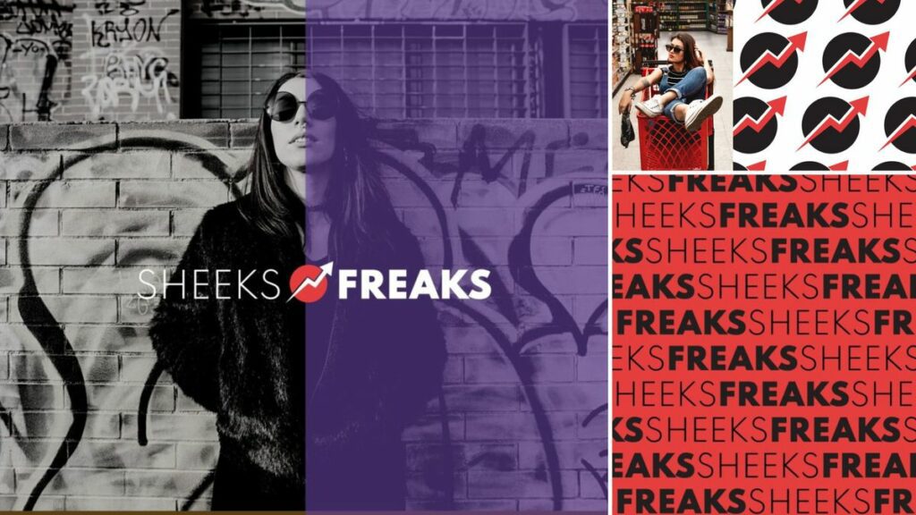 Collage with three images. On the right is a picture of a woman with a purple overlay over half and the Sheeks Freaks logo across the middle. The top right features a woman in a shopping cart with the Sheeks Freaks icons next to her. The bottom right features Sheeks Freaks written out in black repeatedly on a red background. 