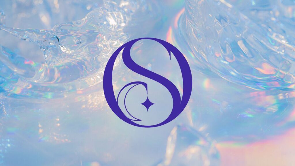 water drops with pink highlights with a icon laid over it that is an S inside of an O with a crescent moon and star in it 