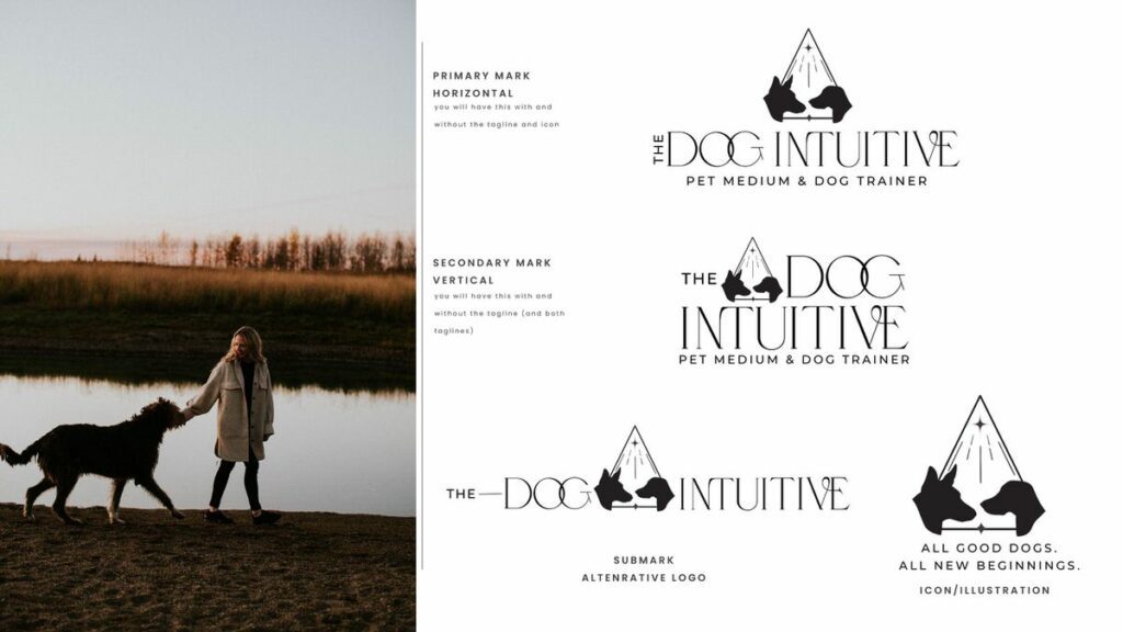 picture of a woman walking with a dog along the water with four different logos for the brand "the dog intuitive" laid out to the right of it 