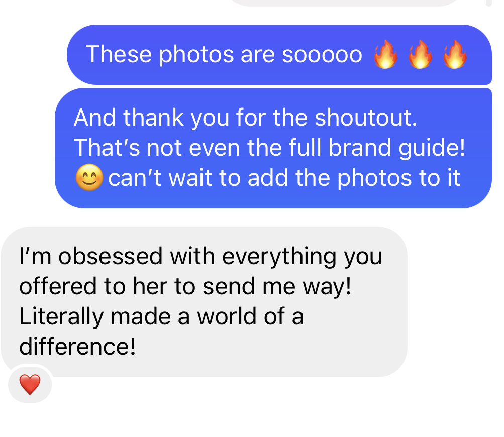 three text conversation talking about brand photography session guides