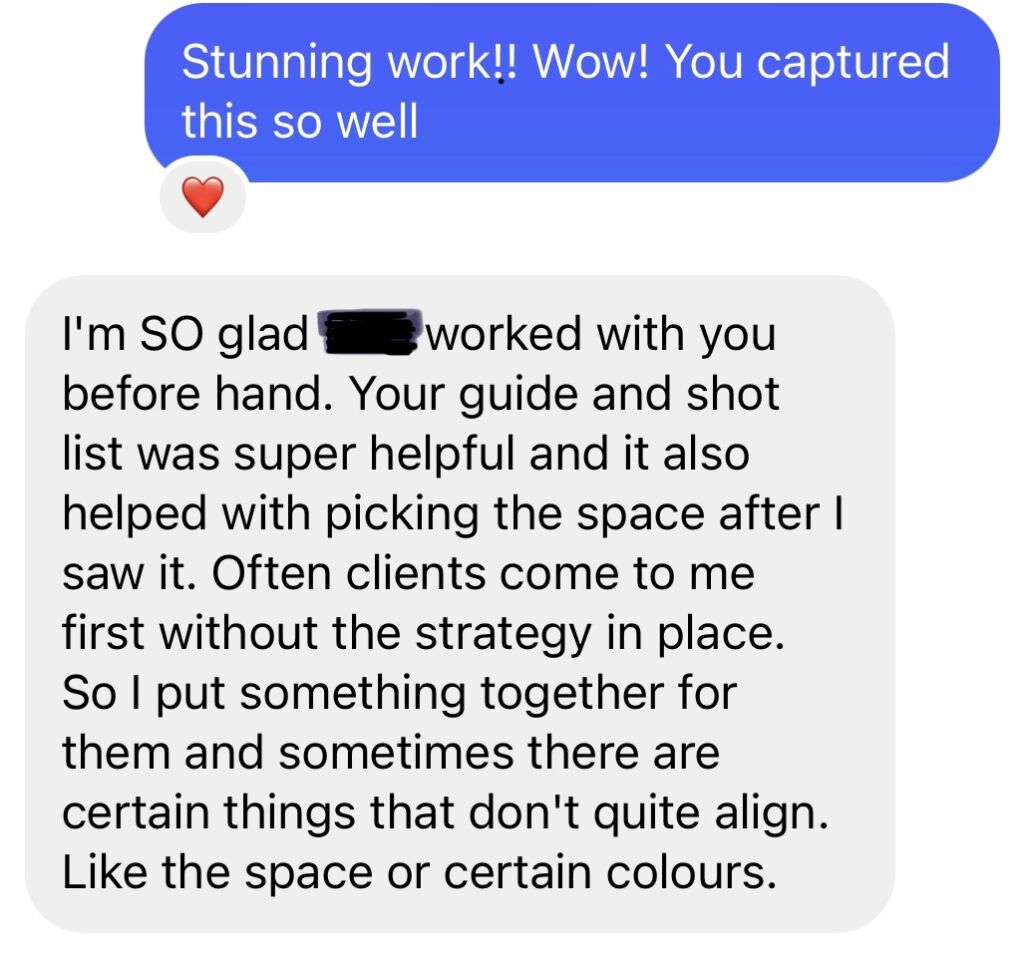 two text conversation praising how helpful the photography guide provided by a brand designer was for a client's shoot