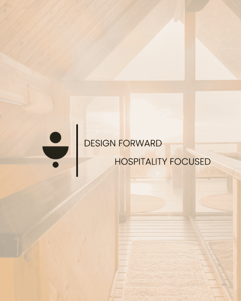 small hallway leading out to a balcony with a light overlay over the image and a brand icon and text that says "design forward, hospitality focused"