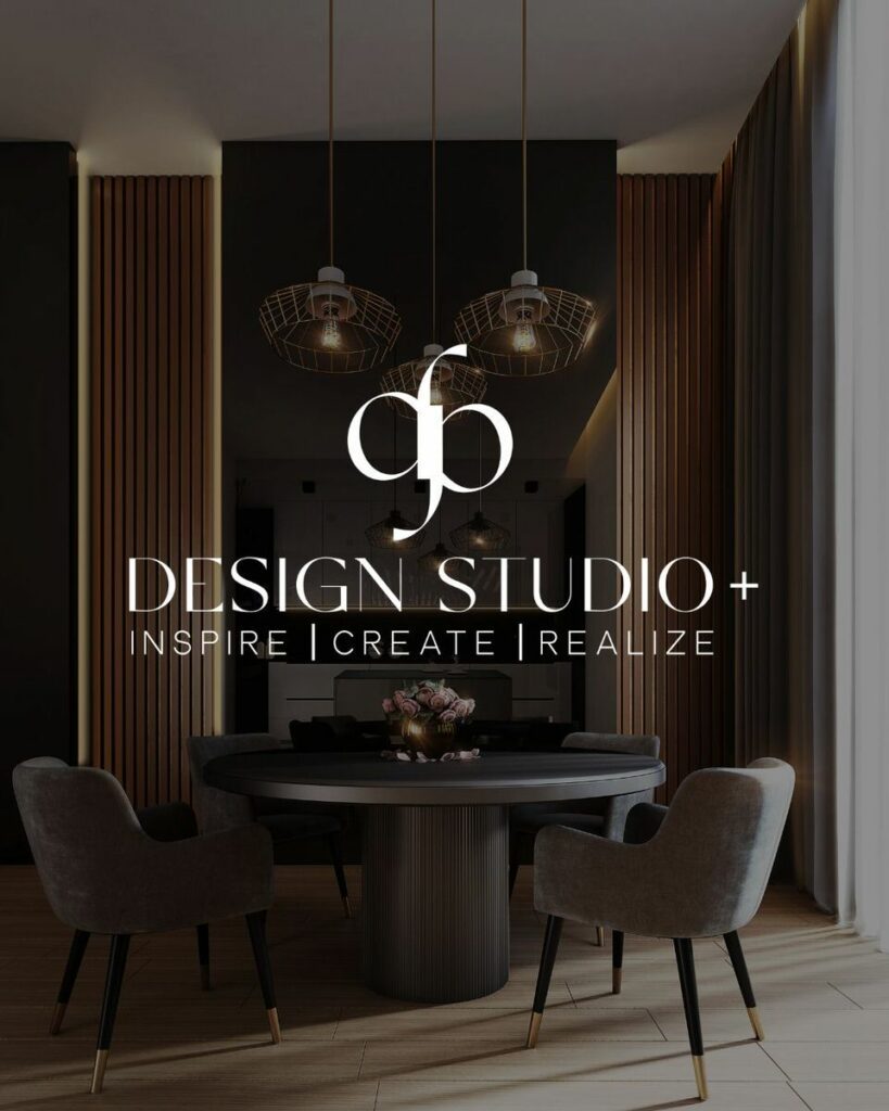 small table in a luxurious room with a dark overlay and a logo that says "dp Design Studio +. Inspire | Create | Realize."
