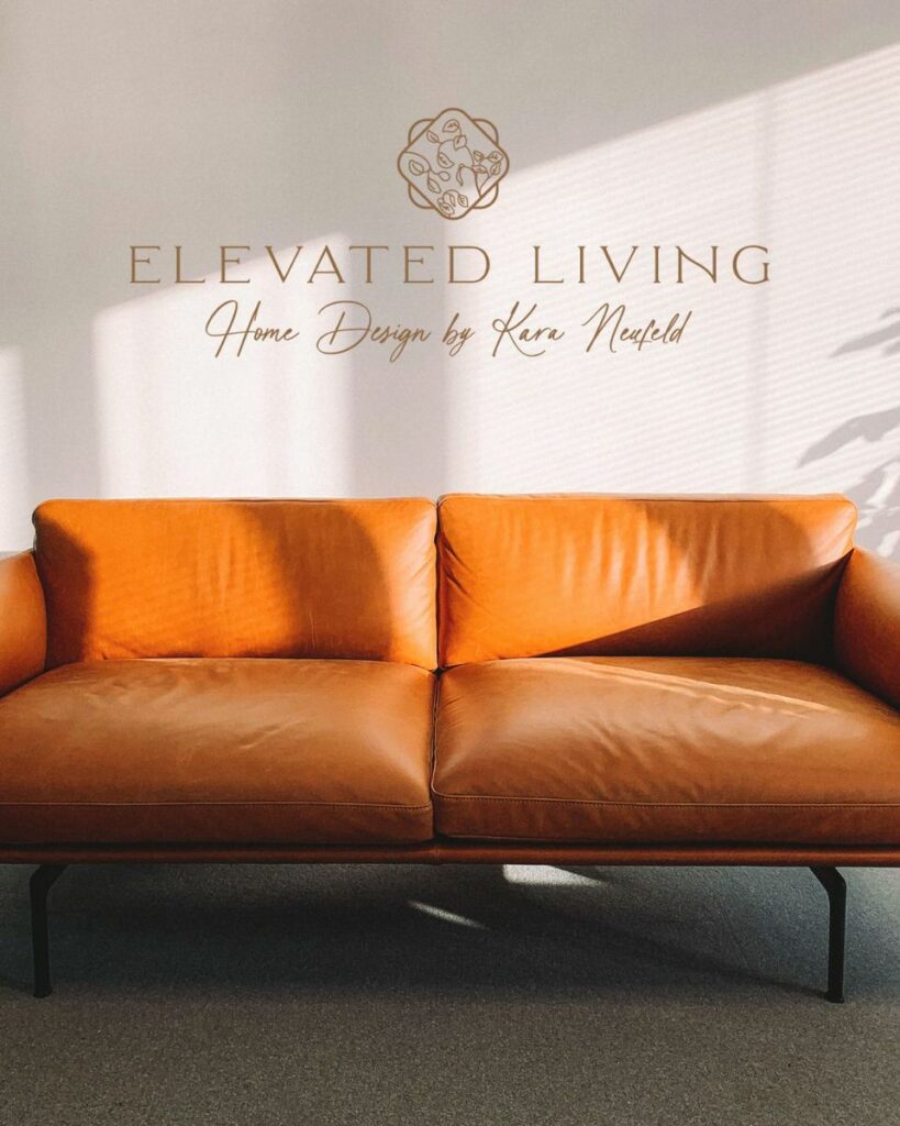 orange leather couch with the text "elevated living. Home design by Kara Neufeld."