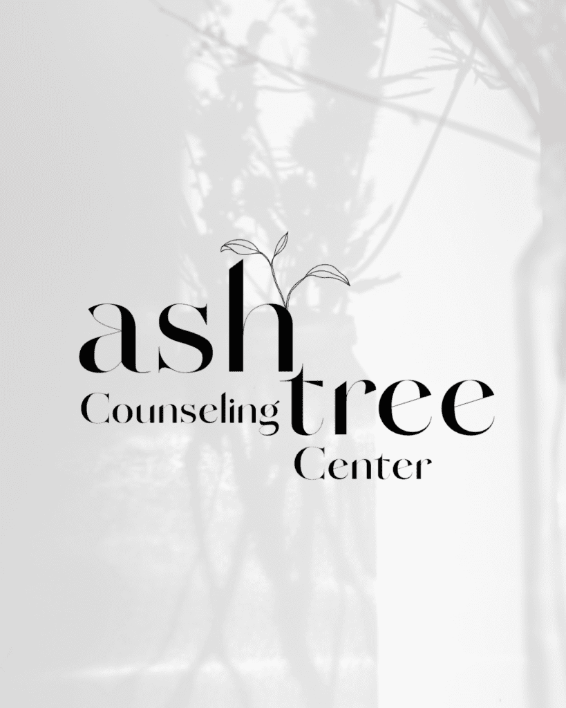 image of a tree with a white overlay and a logo laid on top that says "Ash Tree Counseling Center" 