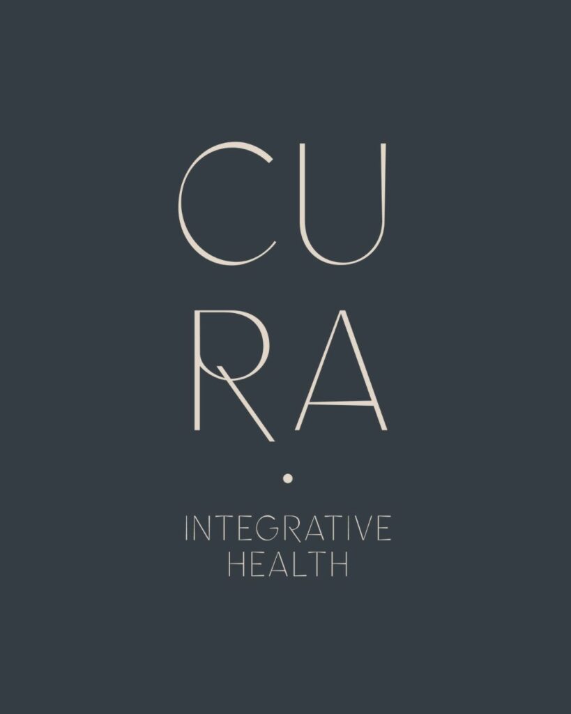 dark blue background with a logo on top that says "Cura integrative health"