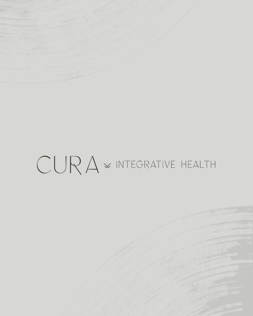 grey brush strokes at the bottom of a light grey square with a logo in the middle that says "Cura integrative health"