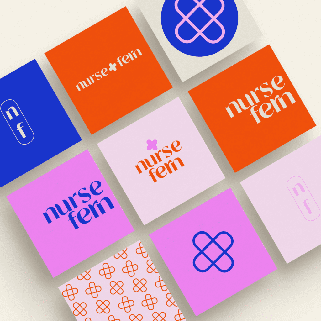 3x3 grid of 9 different logo variations for Nurse Fern on blue, purple, and orange backgrounds 