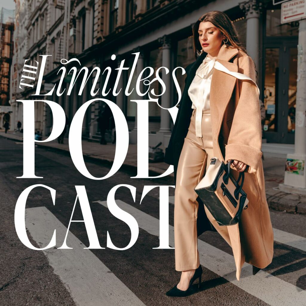 Woman walking across a city crosswalk with text on the left side of the image that says "The limitless podcast"
