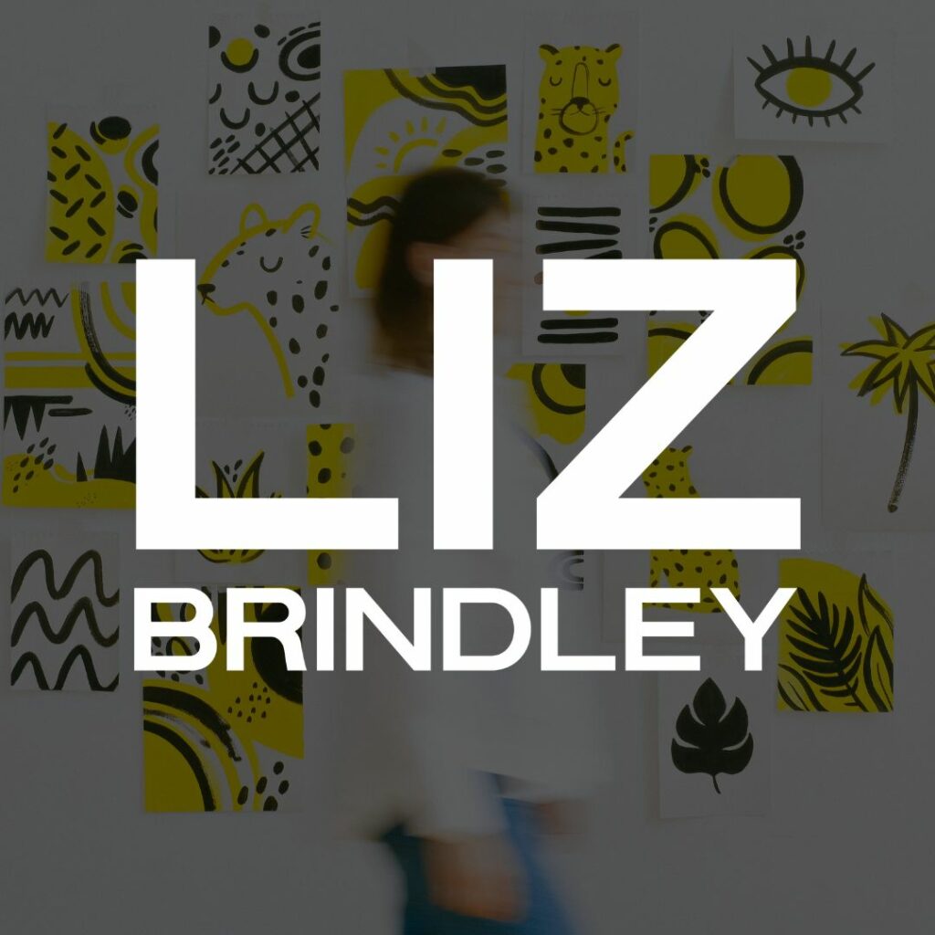 Image of a woman walking along a wall of art with a dark overlay over the image. On top is a white logo for Liz Brindley.
