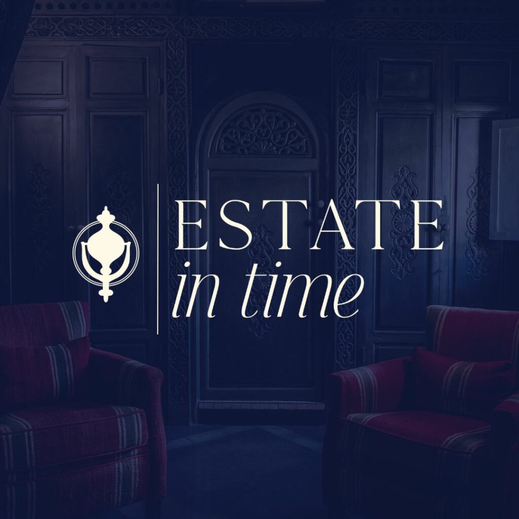 Formal sitting area in a historic looking home with a blue overlay on the image. On top is the logo for Estate in Time.