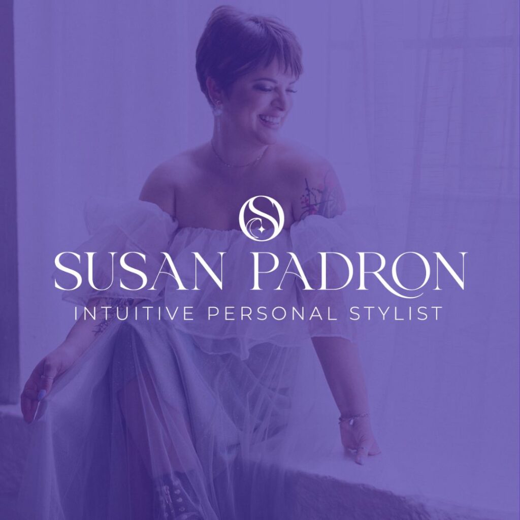 Image of a woman sitting on a window ledge. The image has a purple overlay and on top is a logo for "Susan Padron Intuitive Personal Stylist".