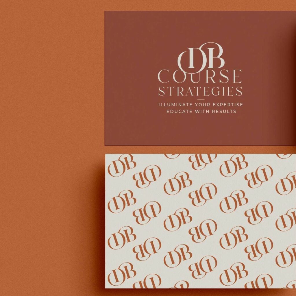 An orange background with the front and back of a business card for DB Course Strategies.