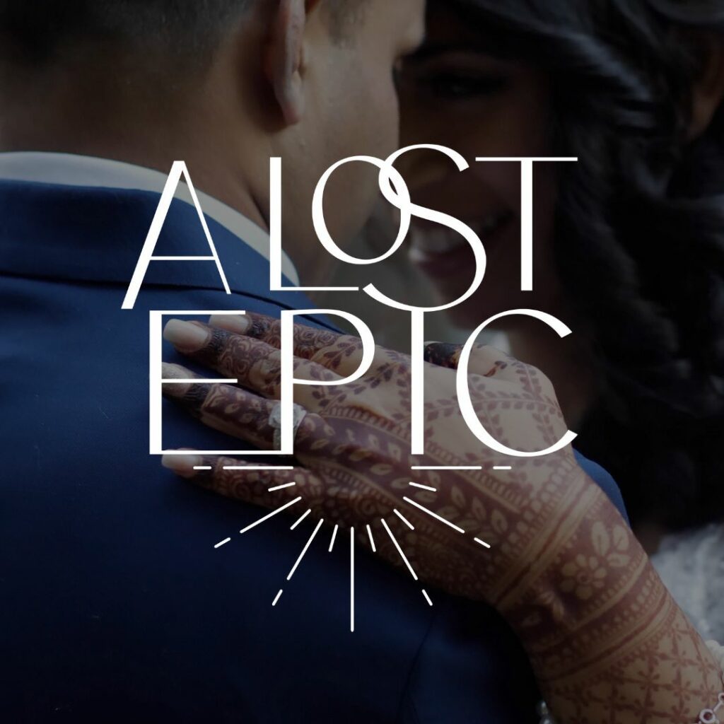 Image of a wedding couple hugging with a dark overlay on the image and a white logo in the middle that says "A Lost Epic".