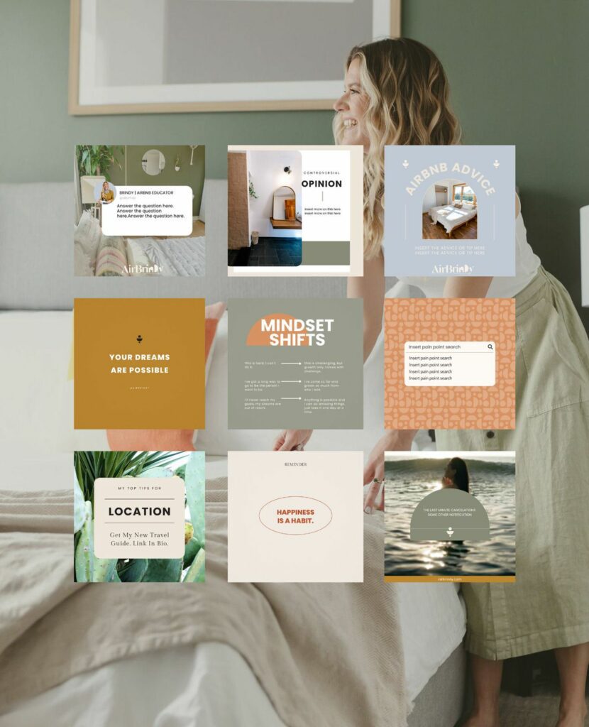 Image of a woman sitting on the edge of a bed with a 3 by 3 grid of square on top of the image. The squares have various social media graphics on them.