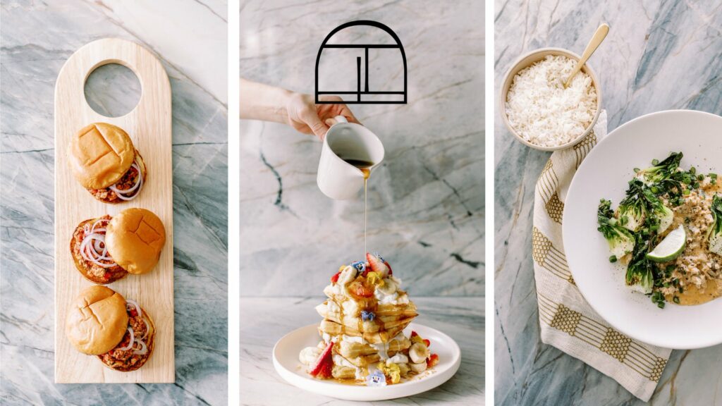 Collage of three images. The left image features three burgers on a wooden cutting board. The middle image features syrup being poured on a stack of waffles. The right image features a soup dish with a bowl of rice next to it.