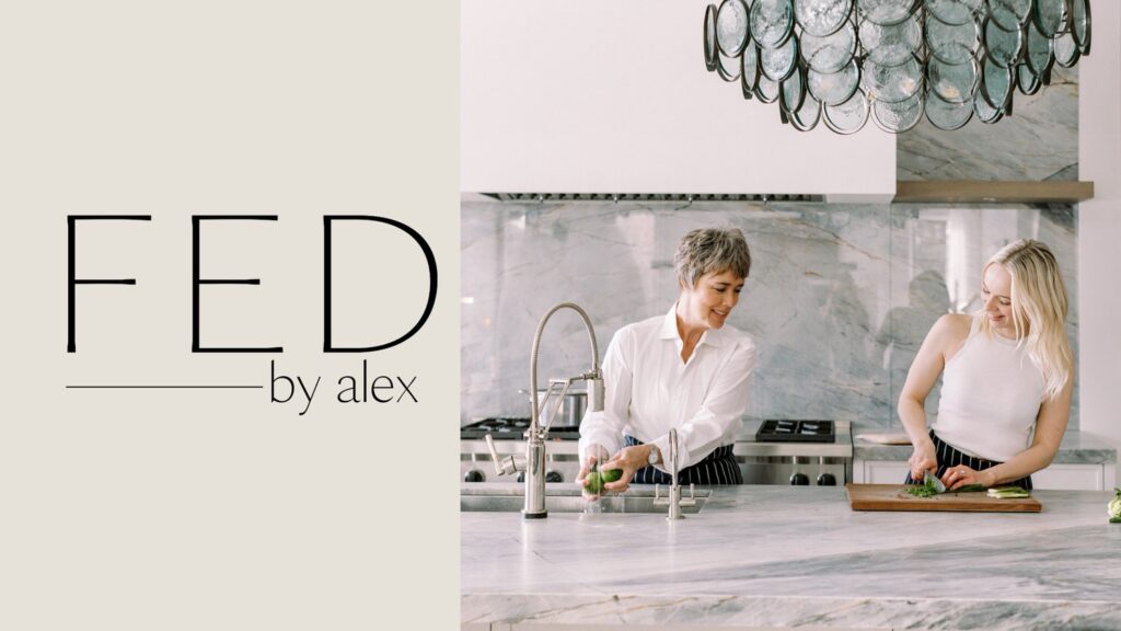 Image of two people cooking in a kitchen with a logo on the left that reads "FED by Alex". 