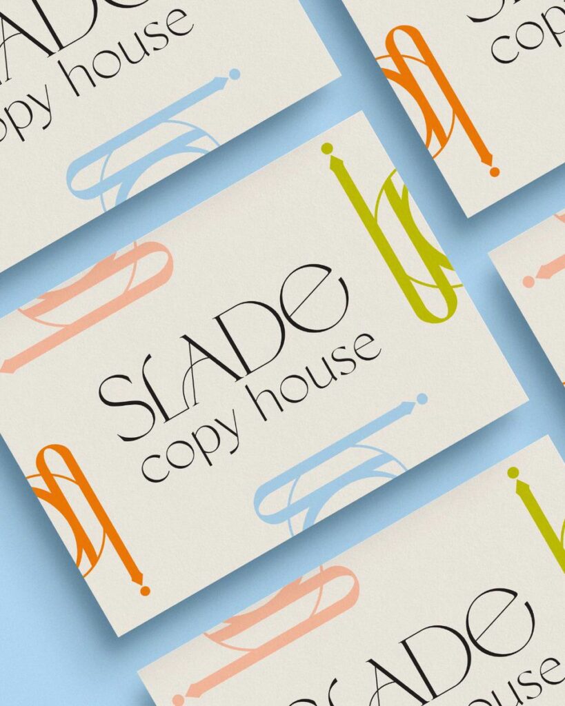 A grid of business cards on a blue background for Slade Copy House