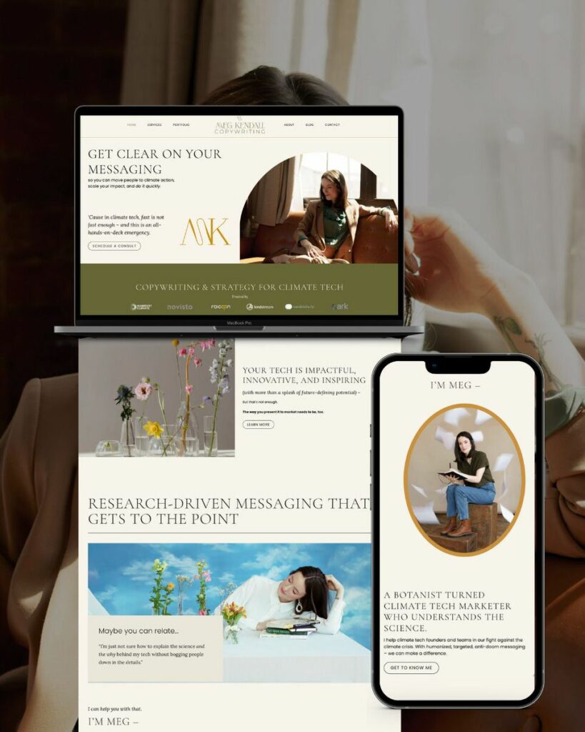 A phone mockup with a full website page next to it on top of an image of a woman.