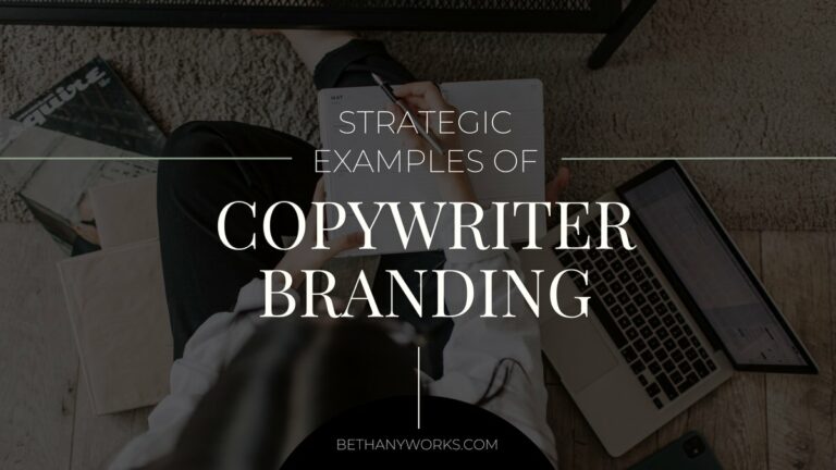 Image of a person writing in a notebook with text on top that reads "Strategic Examples of branding for copywriters."