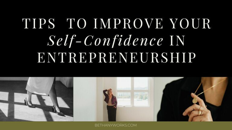 Black box with white text that reads "Tips to improve your self-confidence in entrepreneurship" with a grid of three images under it. The left image is a person walking in heels in black and white. The middle image is a woman leaning up against a wall with her hand on top of her head. The right image is a finger looped through a necklace as they pull it away from their neck.