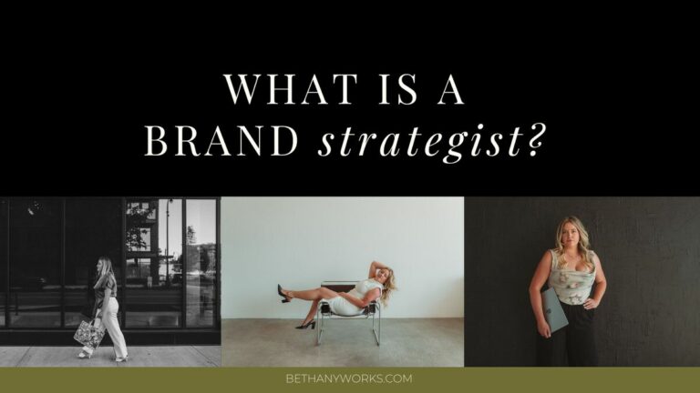 Three images showing a woman walking, a woman lounging in a chair and a woman leaning up against a wall. Above is whit text that reads "What is a brand strategist?"